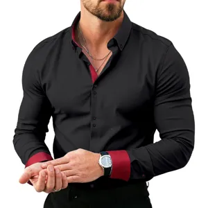 Men's long sleeve contrast dress shirt casual business black shirt with red details