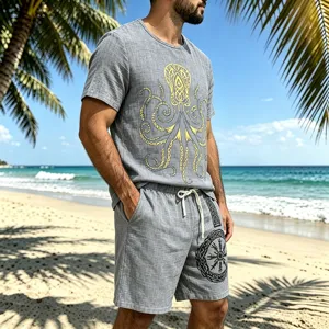 Men's casual linen-blend vintage Viking print crewneck t-shirt and shorts set beach detail view.