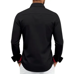 Men's long sleeve black dress shirt featuring red contrast cuffs for casual business wear.