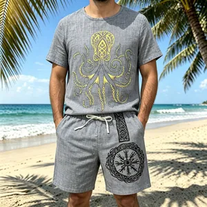 Detailed view of men's vintage Viking print linen suit, featuring octopus and rune motifs.