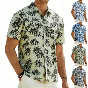 Men's casual tropical palm print short sleeve Hawaiian shirt with chest pockets and buttons.