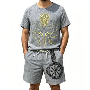 Men slub linen set summer vintage viking print casual crew neck short sleeve shorts