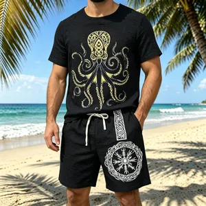 Men summer vintage Viking octopus print linen short sleeve t shirt and shorts set beach wear
