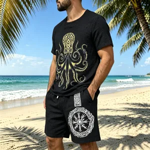 Men's vintage Viking print linen casual short sleeve t-shirt and shorts set for summer beach.