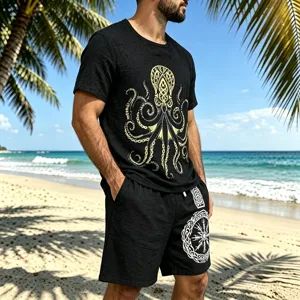 Men's summer vintage Viking octopus print black casual linen short sleeve t-shirt and shorts.