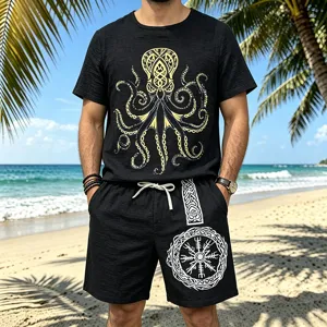 Men's Viking style linen suit detail shot featuring octopus print tee and shorts.