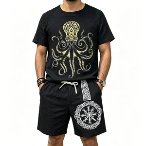 Men vintage Viking print cotton linen set short sleeve t-shirt and casual shorts black