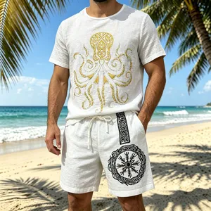 Mens Summer Linen Matching Set Vintage Viking Print Short Sleeve T-Shirt and Shorts