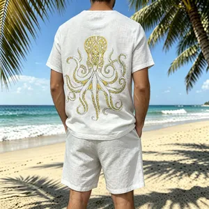 Men's casual linen short sleeve shirt detail back view with gold octopus graphic on beach