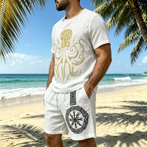 Men linen outfit detail on beach background featuring octopus top and viking rune shorts