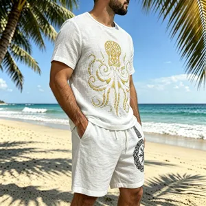 Men's linen short sleeve set detail view, featuring vintage octopus print, casual beach summer wear.