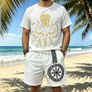 Men casual beach linen outfit detail shot showing octopus graphic and viking rune shorts.