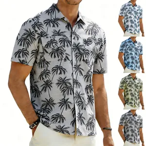 Men's summer casual short sleeve shirt Hawaiian beach tropical palm tree print button down top.