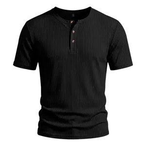 Men's summer ribbed 3-button Henley short sleeve T-shirt casual solid color basic top tee