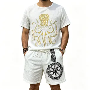 Men's Viking Print Slub Linen Casual Short Sleeve T-Shirt and Shorts Summer Outfit Set