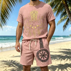 Mens vintage viking octopus print linen short sleeve t-shirt and shorts set beachwear.