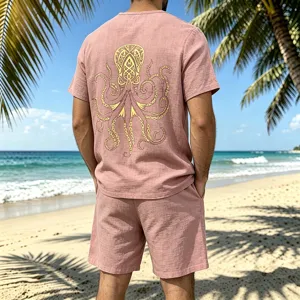 Men's linen-blend short sleeve shirt and shorts set with Viking octopus back print beachwear.