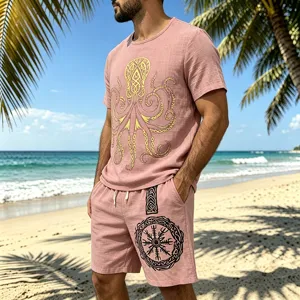Men summer linen short sleeve t-shirt and shorts set vintage viking octopus print outfit