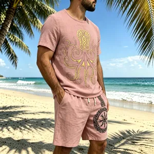 Detail shot of men's vintage viking print linen-blend t-shirt and matching casual shorts set.