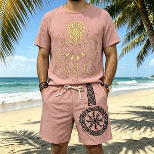 Men's summer linen short sleeve and shorts set with retro Viking and octopus print.
