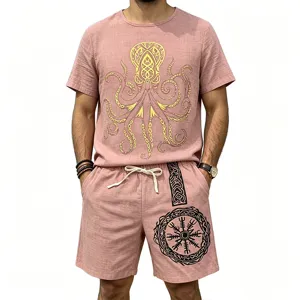 Detailed view of men's linen short sleeve shirt and shorts set featuring vintage Viking print.