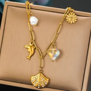 Gold plated stainless steel multi charm necklace with shell and pearl pendant for women