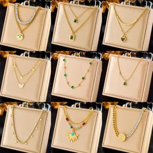 Minimalist Stainless Steel Emerald Zircon Evil Eye Butterfly Layered Necklace Gold Plated Rhinestone Pendant Jewelry Gift