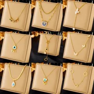 Fashion Stainless Steel Gold Plated Roman Numeral Round Tag Necklace Evil Eye Butterfly Pendant Clavicle Chain Jewelry For Women