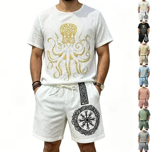 Men Casual Summer Viking Print Short Sleeve T-Shirt And Shorts Set Breathable Polyester Matching Outfit