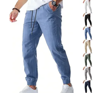 Mens casual striped linen joggers loose fit drawstring elastic waist breathable trousers