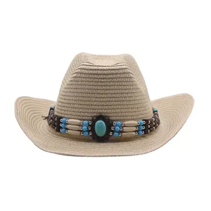 Chapeau de Paille Cowboy Occidental Unisexe Été Plage Anti-UV Perlé Chapeau Soleil