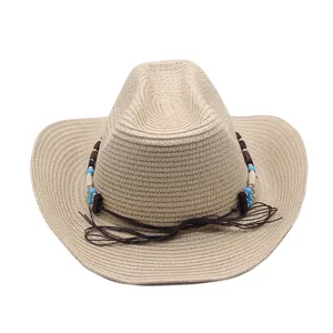 Chapeau de cowboy en paille beige avec perles et cordon, chapeau de plage unisexe été.