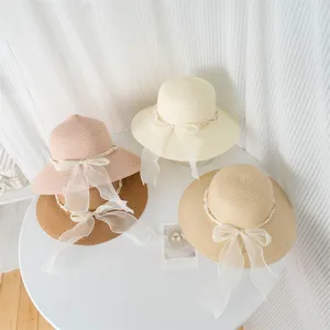 Cappello di paglia con nastro di pizzo cappello da spiaggia sole perle donna elegante chic
