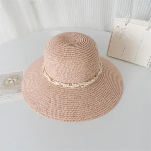 Cappello di paglia con nastro di perles, elegante cappello da sole per spiaggia donna.