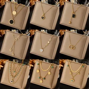 Edelstahl Böser Blick Türkis Blumen Mehrschichtige Halskette Vergoldet Französischer Vintage Damen Schmuck
