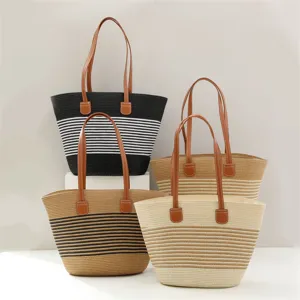 Woven straw shoulder bag large capacity casual striped beach bag for women summer style.