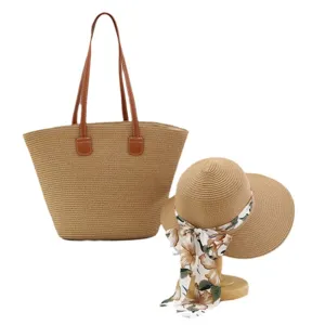 Bolso shopper de paja para mujer y sombrero de sol set verano gran capacidad bolso
