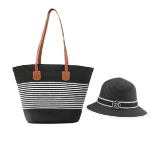 Stylish straw woven tote bag and matching beach hat set with classic striped design.