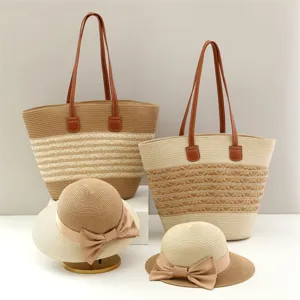 Set Cappello di Paglia Estivo da Donna e Borsa Tote Grande Spiaggia Vacanza Cappello da Sole Tessuto Borsa Accessori in Paglia