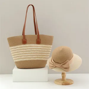 Set borsa shopper e cappello di paglia intrecciata, grande borsa mare a righe da spalla donna