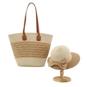 Borsa Tote in Paglia e Cappello da Sole Grande Capacità Borsa a Tracolla Spiaggia