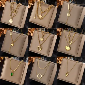 Vintage Stainless Steel Multi-Layer Heart Star Geometric Pendant Necklace Gold Plated Fashion Jewelry For Women