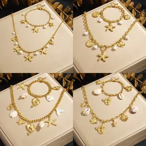 Ensemble Collier et Bracelet Pendentif Étoile de Mer Dauphin en Acier Inoxydable Plaqué Or Bijoux de Plage de Vacances pour Femmes
