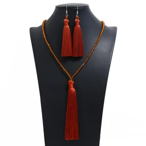 Lange Kristallperlen Quaste Halskette und passende Ohrringe Set, elegante Mode Schmuck Set.