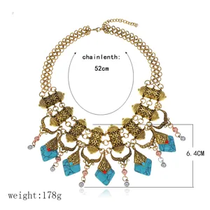 Vintage bohemian statement necklace with turquoise stones and gold metal multi layer design.