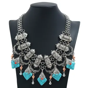 Exaggerated Vintage Alloy Statement Necklace Turquoise Pendant Bohemian Chunky Collar Necklace For Women Jewelry