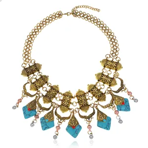 Detailed shot of vintage bohemian statement necklace with turquoise stones and antique gold chains.
