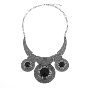 Vintage silberfarbene Statement Halskette mit schwarzen Steinen, retro Collier Schmuck.