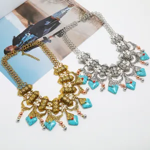 Vintage exaggerated turquoise statement necklace for women, boho ethnic metal choker
