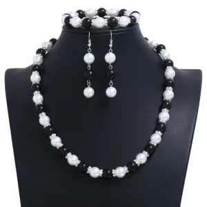 Schwarz weiß Perlen Schmuck Set Halskette Armband Ohrringe elegante Damen Accessoires